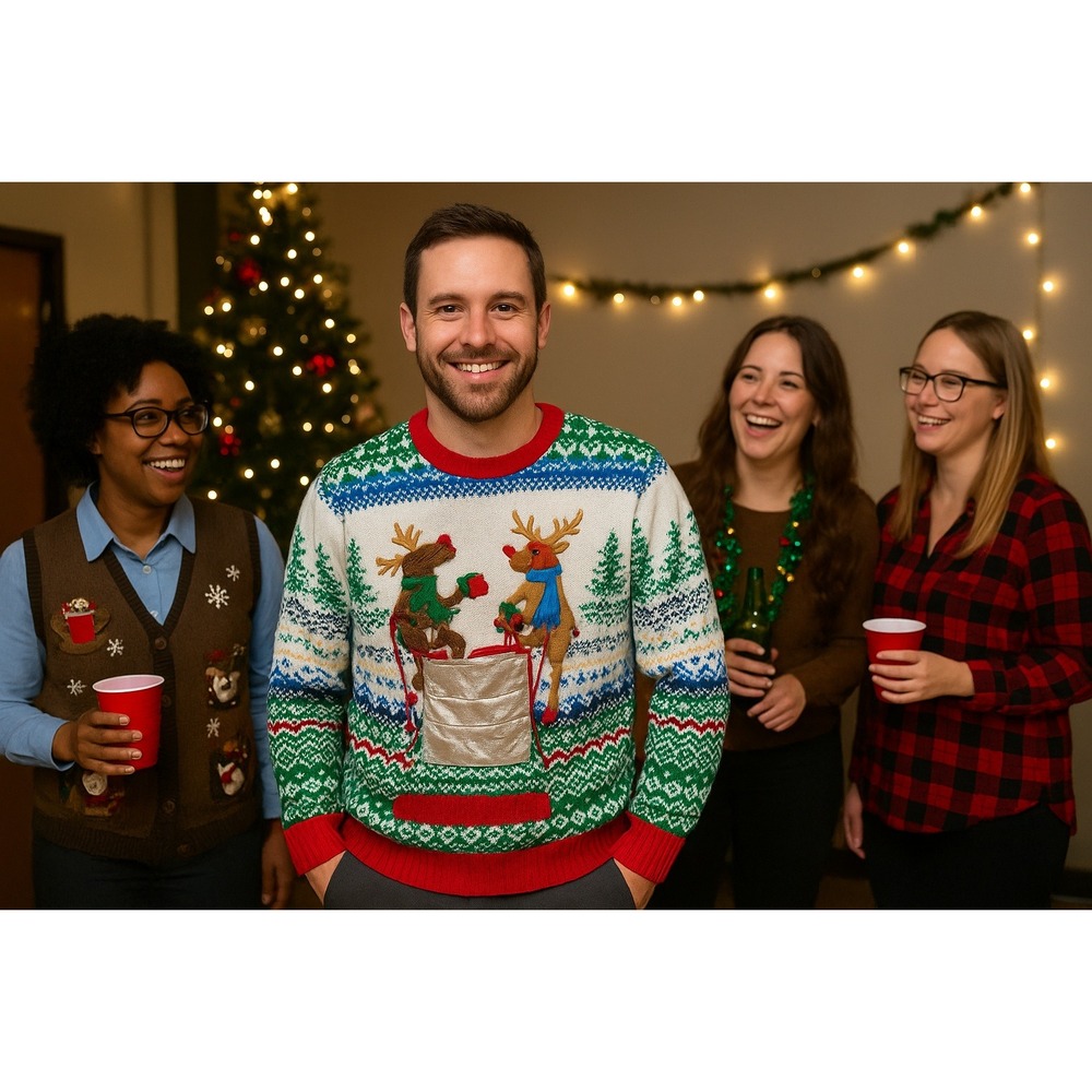 Ugly Christmas Sweater M Nordic Reindeer Beerโ Pong Party Knit Red Solo Cup Fun